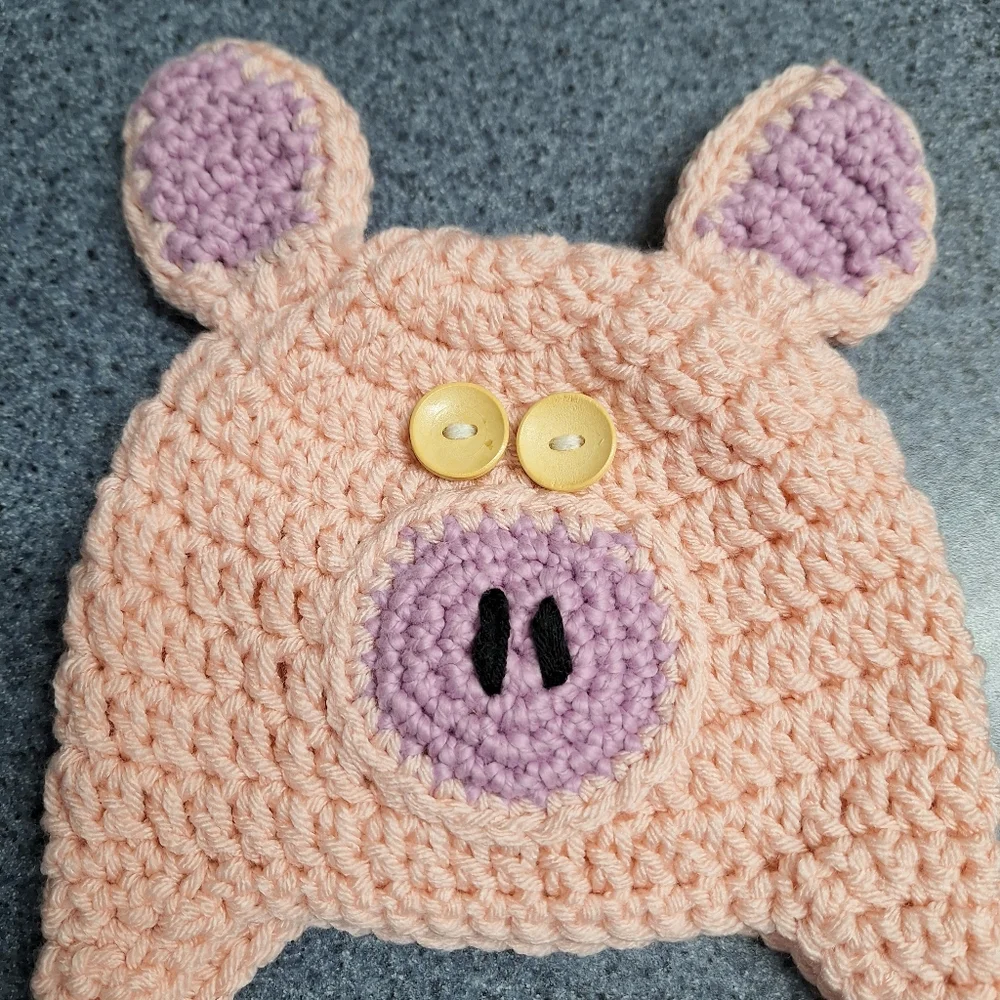 406 Yarn Creations Crocheted Pig & Bear Ear Flap Hats, Size 3-6 Months, NWOT